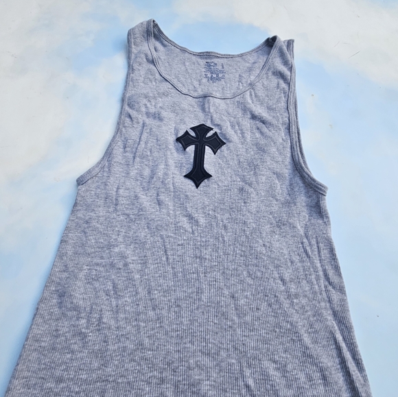 Grey Tank Top Goth Cross Chrome Hearts Looking Top - Picture 5 of 16